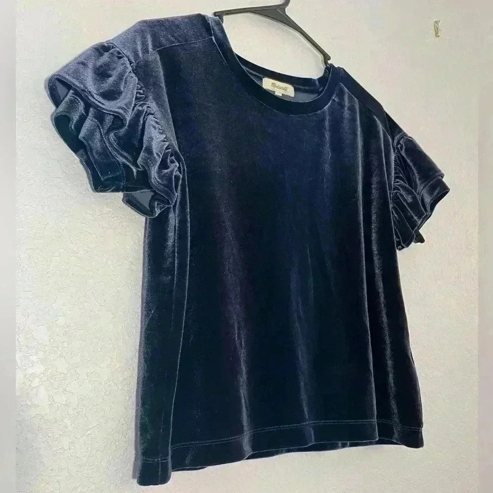 MADEWELL Women’s XS Blue Velvet Ruffle-Sleeve Tee - Picture 4 of 10